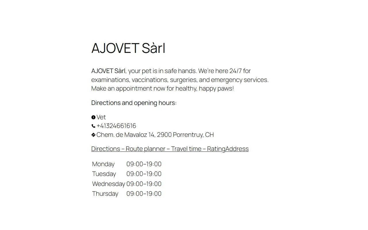 AJOVET Sàrl — Tierarzt in Porrentruy, Jura. Bewertung 4.7/5.