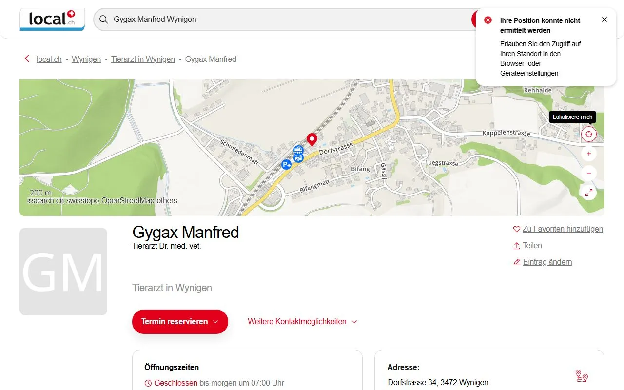 Gygax Manfred — Tierarzt in Wynigen, Bern. Bewertung 5.0/5.